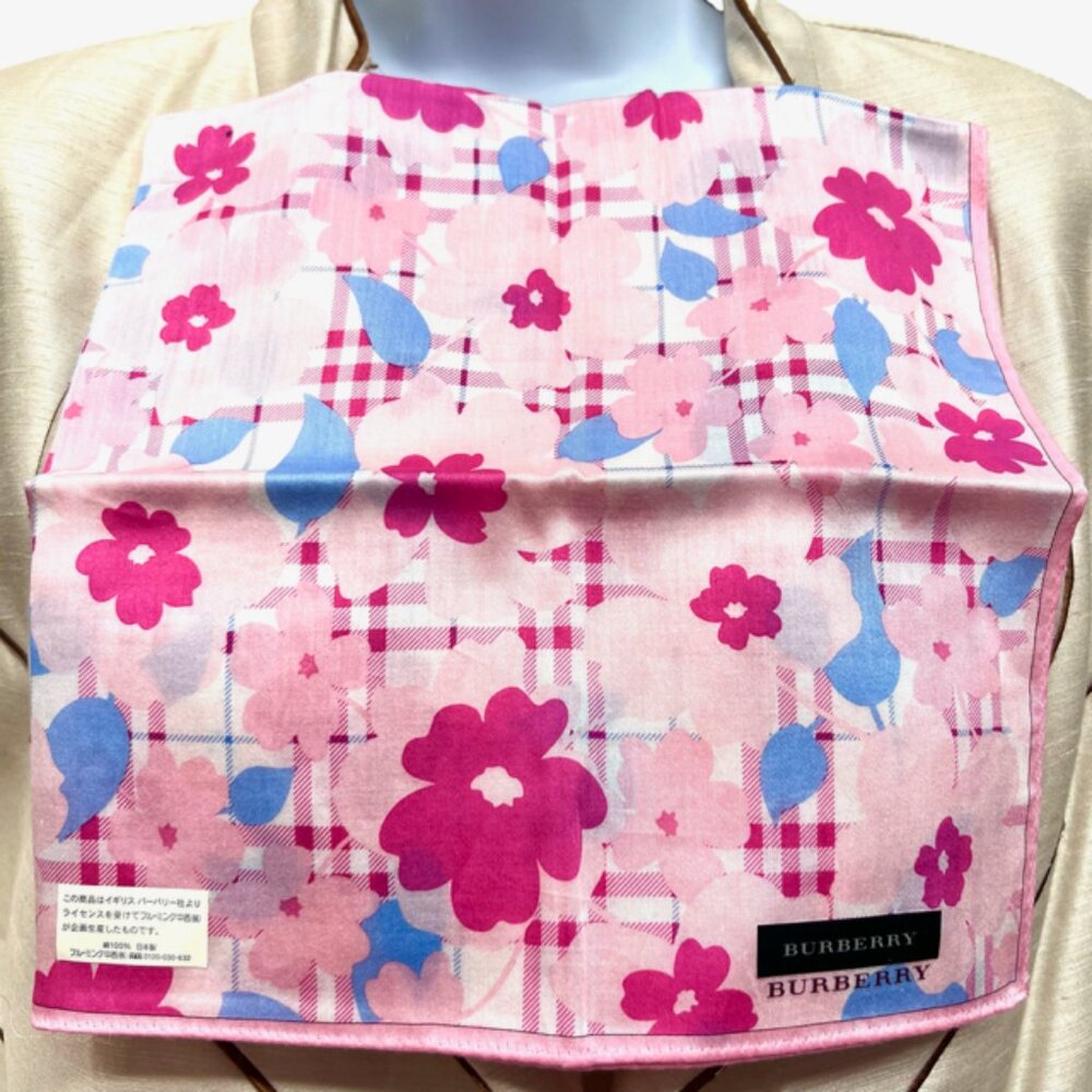 New Burberry Miniscarf/handkerchief 19. 5"cotton/silkpink blue floral check (32) - Picture 4 of 12